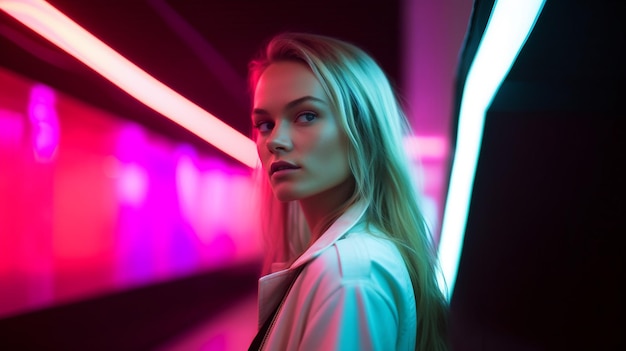 A woman stands in front of a neon light.