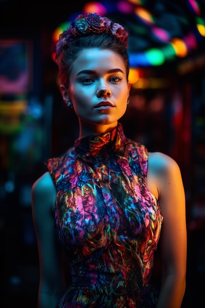 A woman stands in front of a neon light.