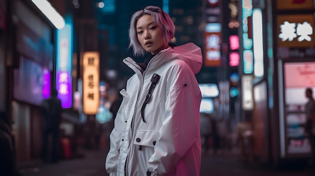 A woman stands in front of a neon sign that says'i'm not a girl '