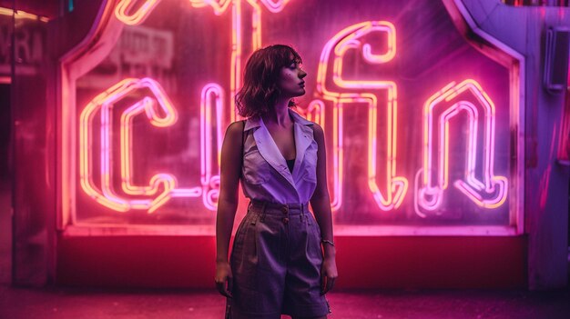 Photo a woman stands in front of a neon sign