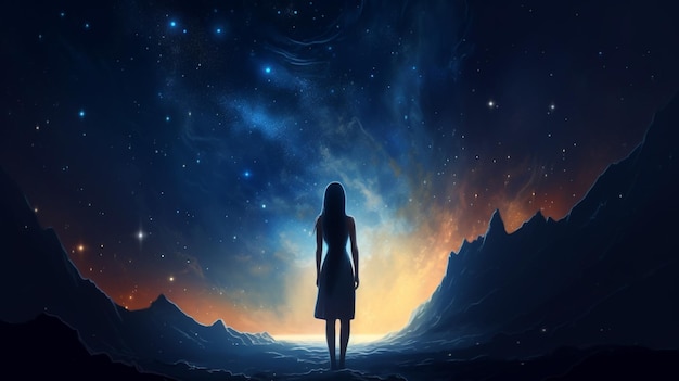 A woman stands in front of a night sky with the sun shining through her arms.