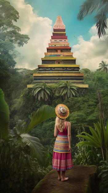 Photo a woman stands in front of a pagoda with a hat on her head