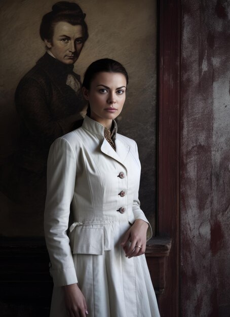 A woman stands in front of a painting of a man.