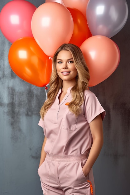 A woman stands in front of pink balloons