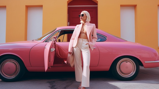 A woman stands in front of a pink car