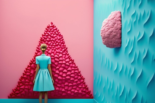 A woman stands in front of a pink cloud wall