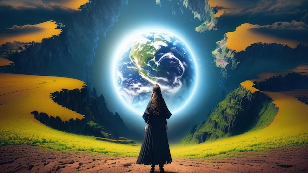 A woman stands in front of a planet with the word earth on it.