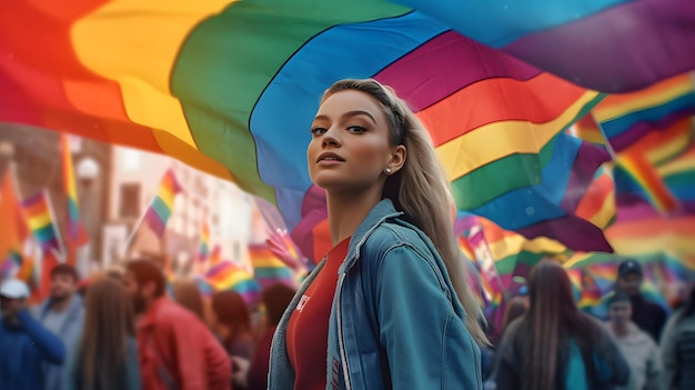 Foto una donna si trova davanti a una bandiera arcobaleno