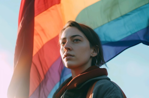 A woman stands in front of a rainbow flag