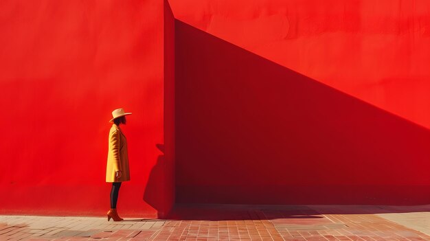 a woman stands in front of a red wall with a shadow of a woman in a yellow coat