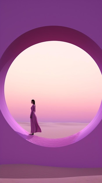 A woman stands in front of a round window with a pink sunset in the background