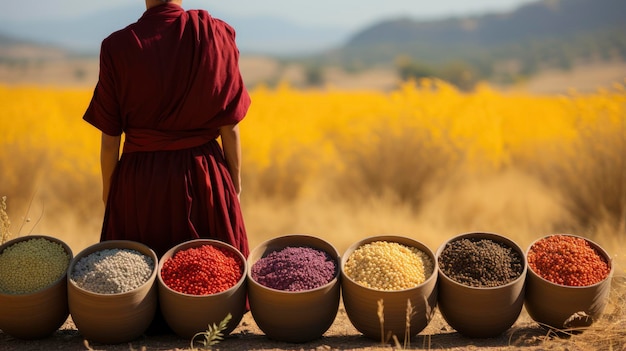 a woman stands in front of a row of bowls of spices
