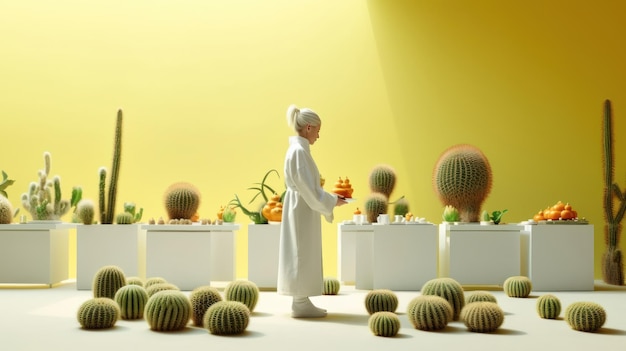 A woman stands in front of a row of cacti and cacti.