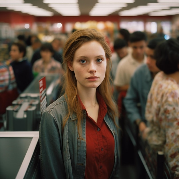 a woman stands in front of a row of other people.