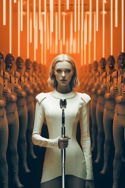 A woman stands in front of a row of robots.