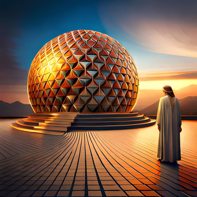 Photo a woman stands in front of a sphere that has a large sphere on it.