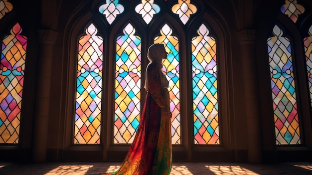 A woman stands in front of a stained glass window