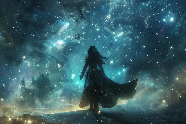 女が星で満たされた夜空の前に立っている
