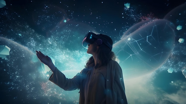 A woman stands in front of a starry sky and looks up at a virtual reality headset.