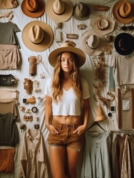 A woman stands in front of a store with hats and hats.