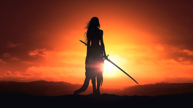 Photo a woman stands in front of a sunset with a sword in her hand.