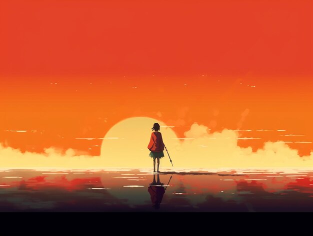 A woman stands in front of a sunset