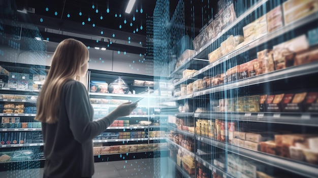 A woman stands in front of a supermarket aisle with a display of food and drinks.