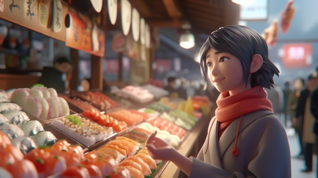 A woman stands in front of a sushi display at a market.