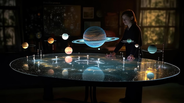 A woman stands in front of a table that has a planet of the solar system on it.