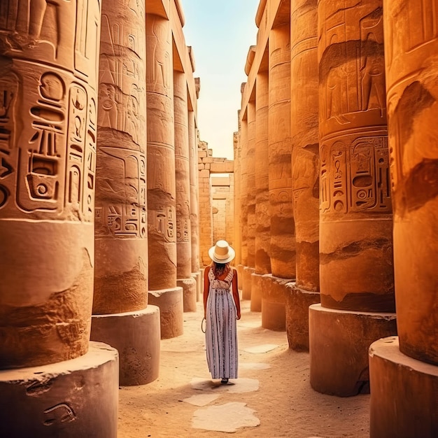 A woman stands in front of a temple with the number 1 on her hat