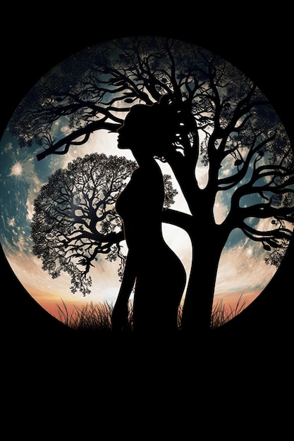 A woman stands in front of a tree with the moon behind her.