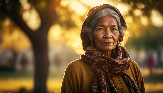 A woman stands in front of a tree with the sun shining on her face.