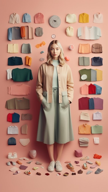 A woman stands in front of a wall of clothes.