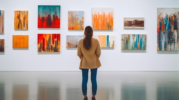 A woman stands in front of a wall of paintings.