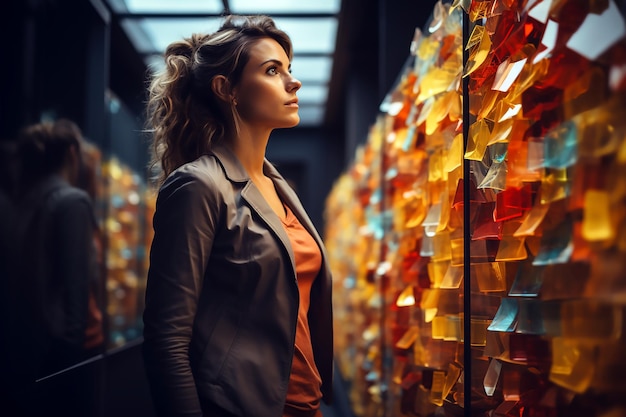 A woman stands in front of a wall of sunglasses.