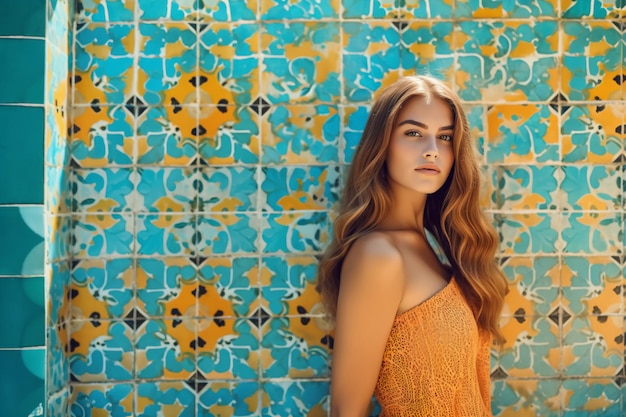 Женщина стоит перед стеной с синим и желтым фоном плитки.