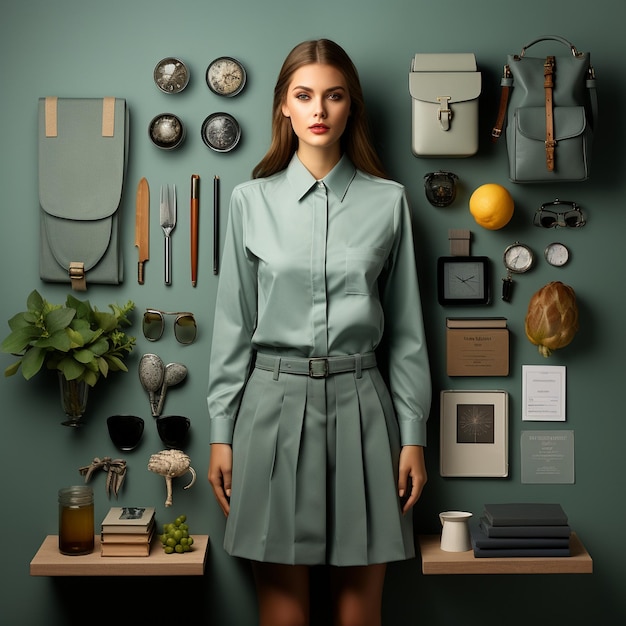 Foto una donna si trova di fronte a un muro con una collezione di oggetti tra cui una donna con un abito verde.