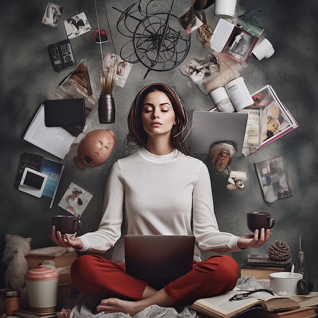 A woman stands in front of a wall with different things mockups