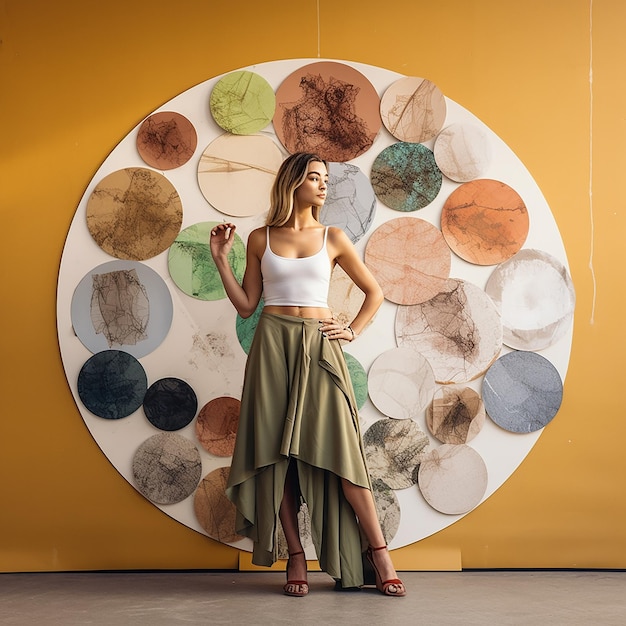 A woman stands in front of a wall with different things mockups