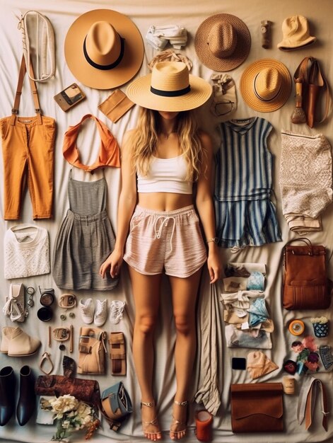 A woman stands in front of a wall with a hat and a hat that says " hat ".