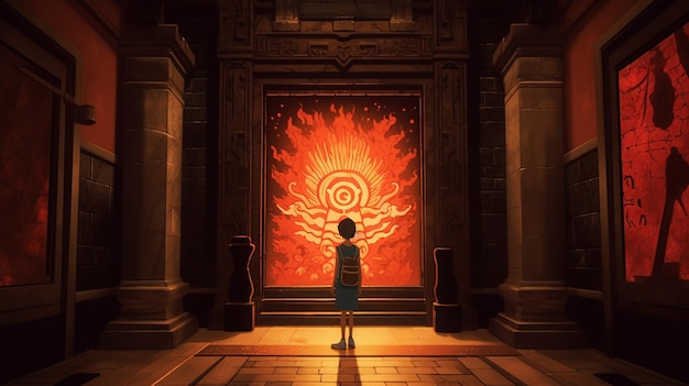 A woman stands in front of a wall with a painting of a sun and the words " the word fire " on it.