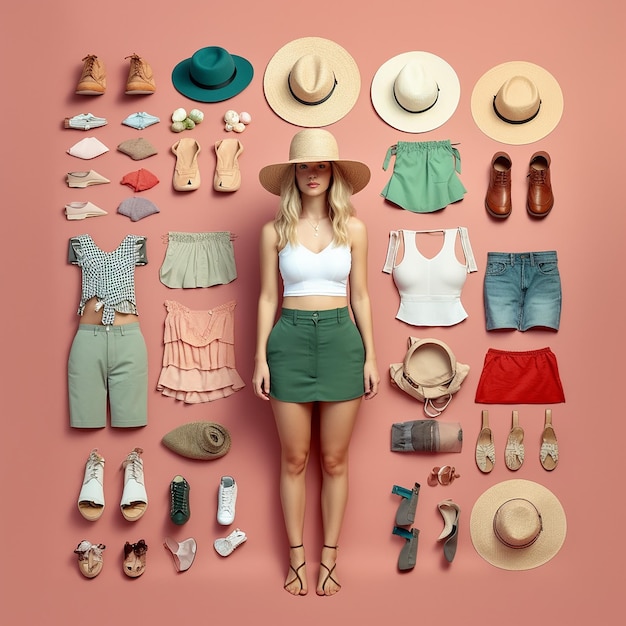 A woman stands in front of a wall with a variety of hats and hats.