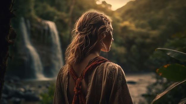 A woman stands in front of a waterfall in a forest.