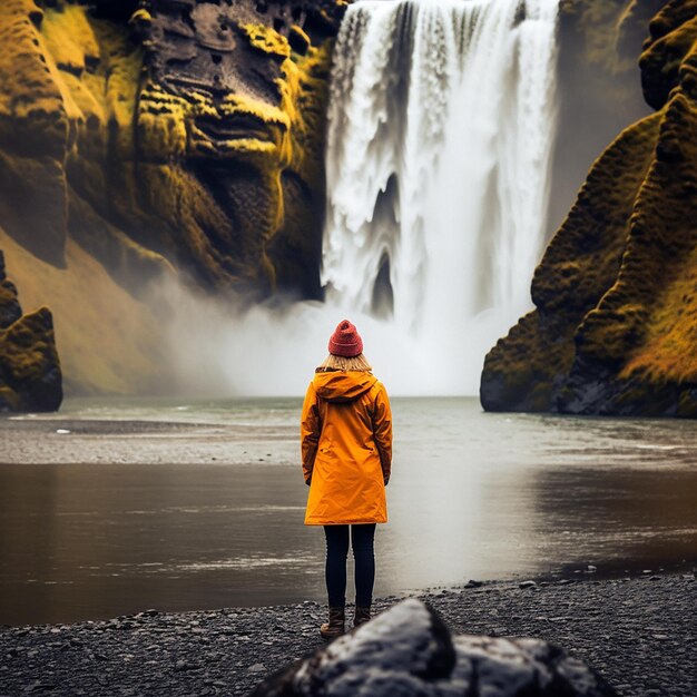 A woman stands in front of a waterfall and looks at the camera.