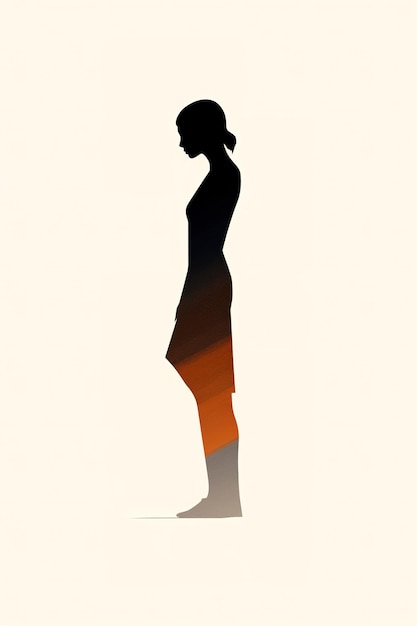 A woman stands in front of a white background with a gradient of colors.