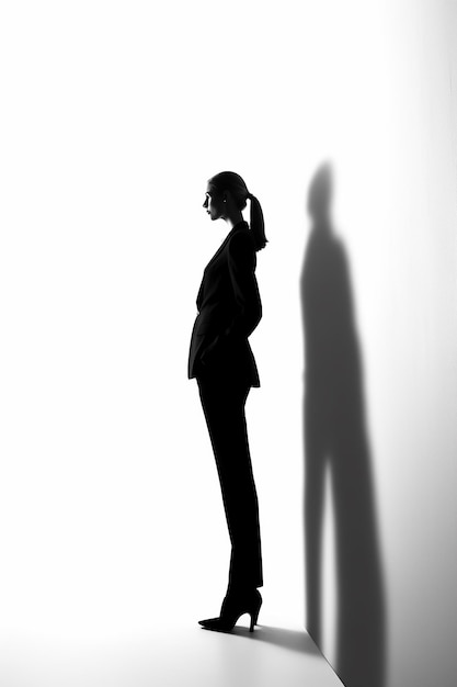 a woman stands in front of a white wall and a shadow of a man in a suit.