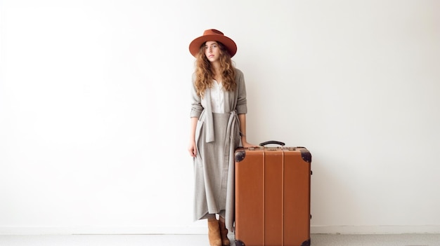 A woman stands in front of a white wall with a brown suitcase.