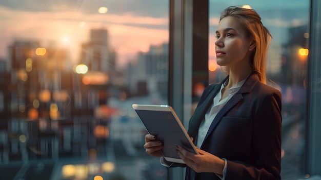 a woman stands in front of a window reading a book