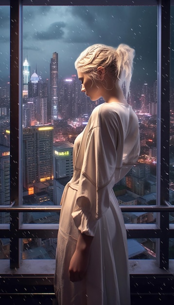 A woman stands in front of a window with a cityscape in the background.