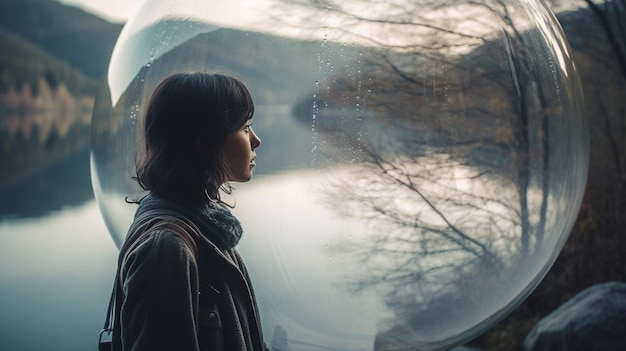 A woman stands in front of a window with a lake in the background.